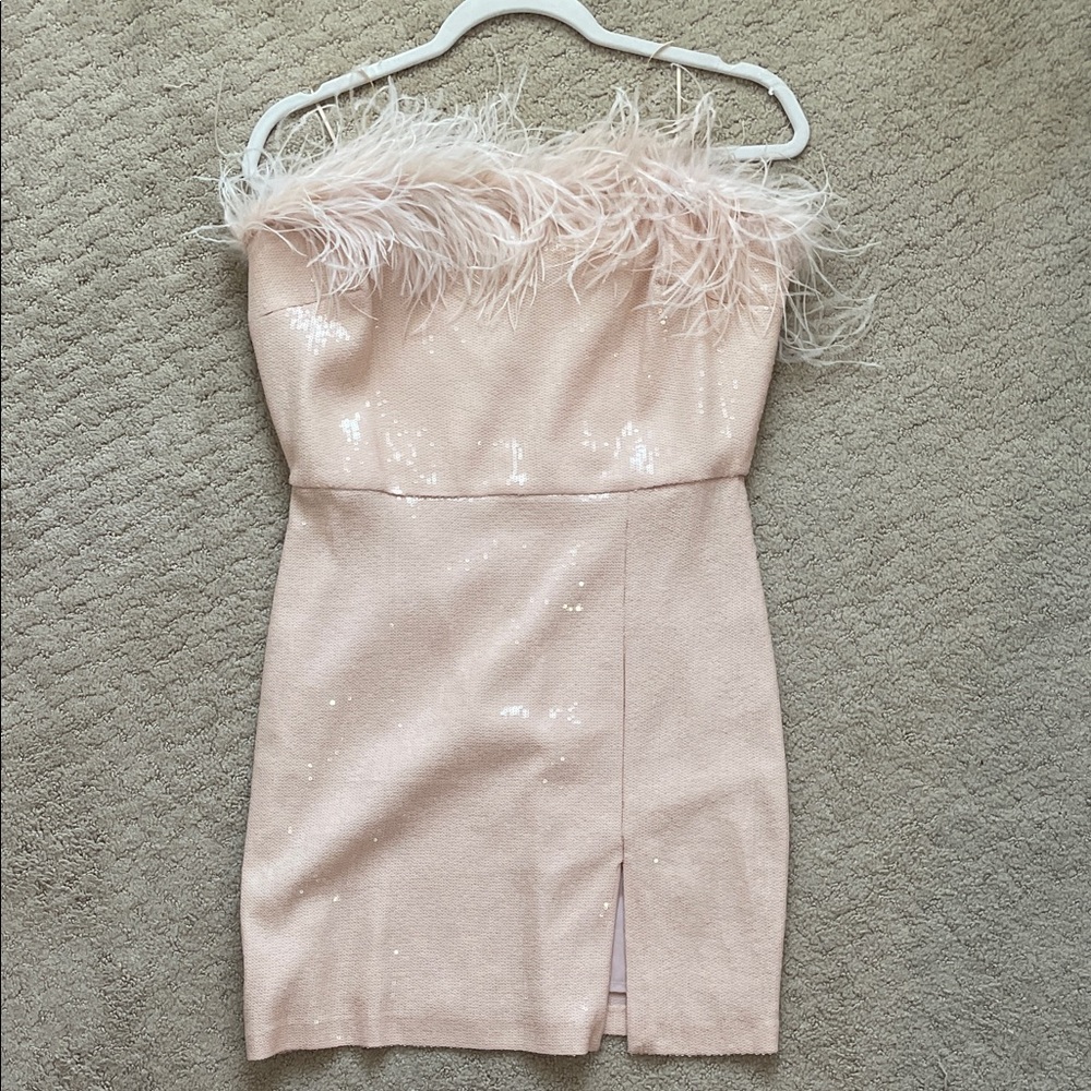 Amanda Uprichard Blush Feather-Embellished Dress
